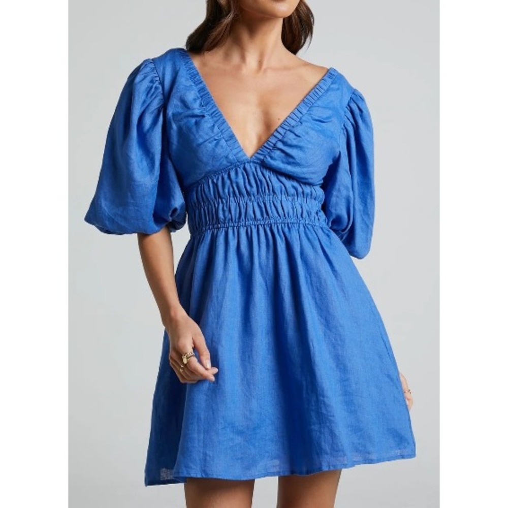 Amalie The Label Showpo Khloe Linen Plunge Puff‎ Sleeve Mini Dress Azure Blue 6